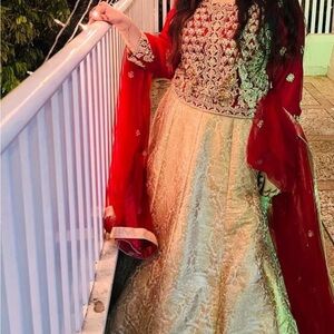 Elegant Red and Gold Embroidered Lehenga and shirt